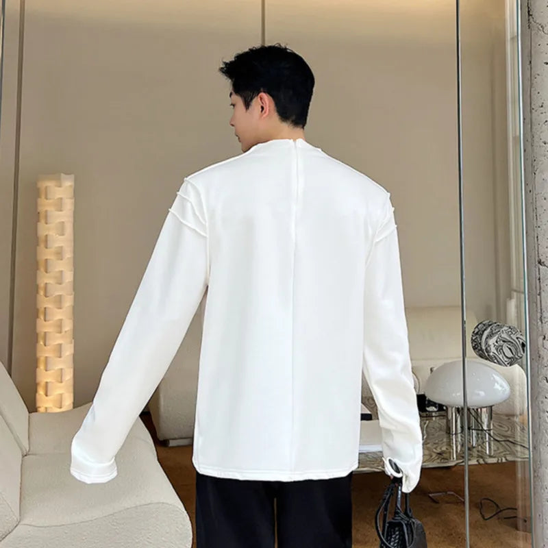 Korean Style Long Sleeve T-shirt Trend Men's Handsome Pullover Niche Design Silhouette Lines Fashion Solid Color Tee 9C1461