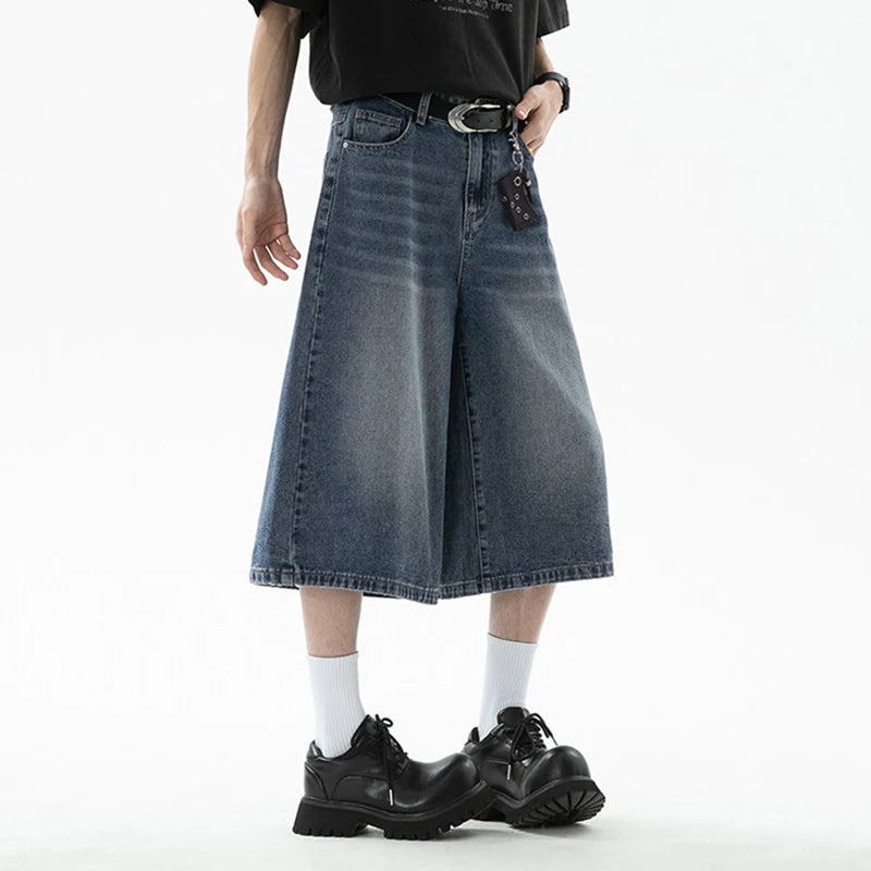 Men's Denim Shorts New American Hign Street Style Cat Whisker Design Casual Solid Color Washed Male Bottoms 2025 9W1657