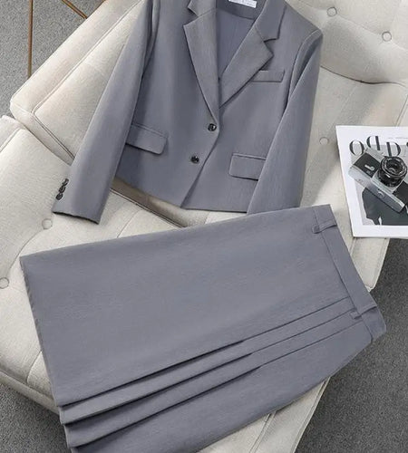 Korean Women Two Pieces Suit 2024 Autumn Winter Fashion Black Grey Single Breasted Blazers And High Waist Pleated Long Skirt Set