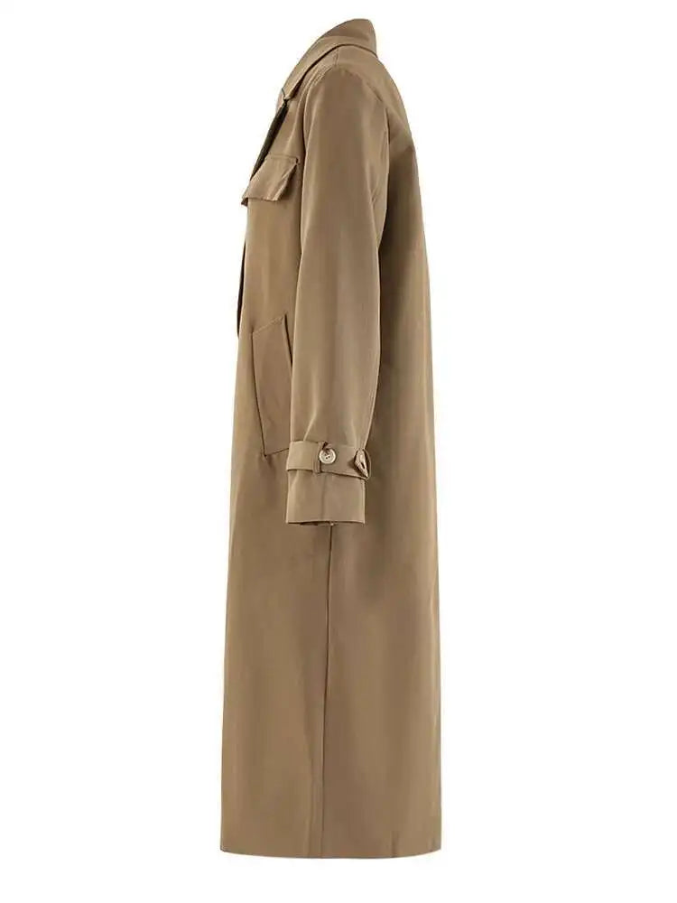 Women Khaki Belted Big Size Long Elegant Trench New V-neck Long Sleeve Windbreaker Fashion Tide Spring Autumn 2025 7AB252