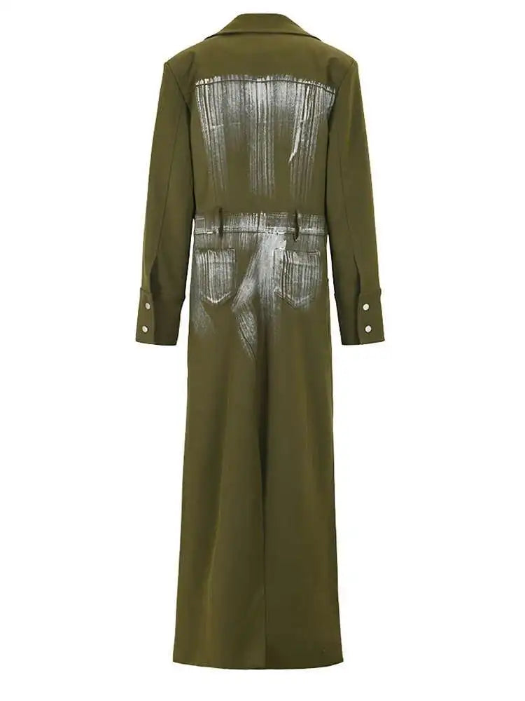 Women Green Paint Elegant Long Blazer New Lapel Long Sleeve Loose Fit Jacket Fashion Tide Spring Autumn 2025 1DF613806