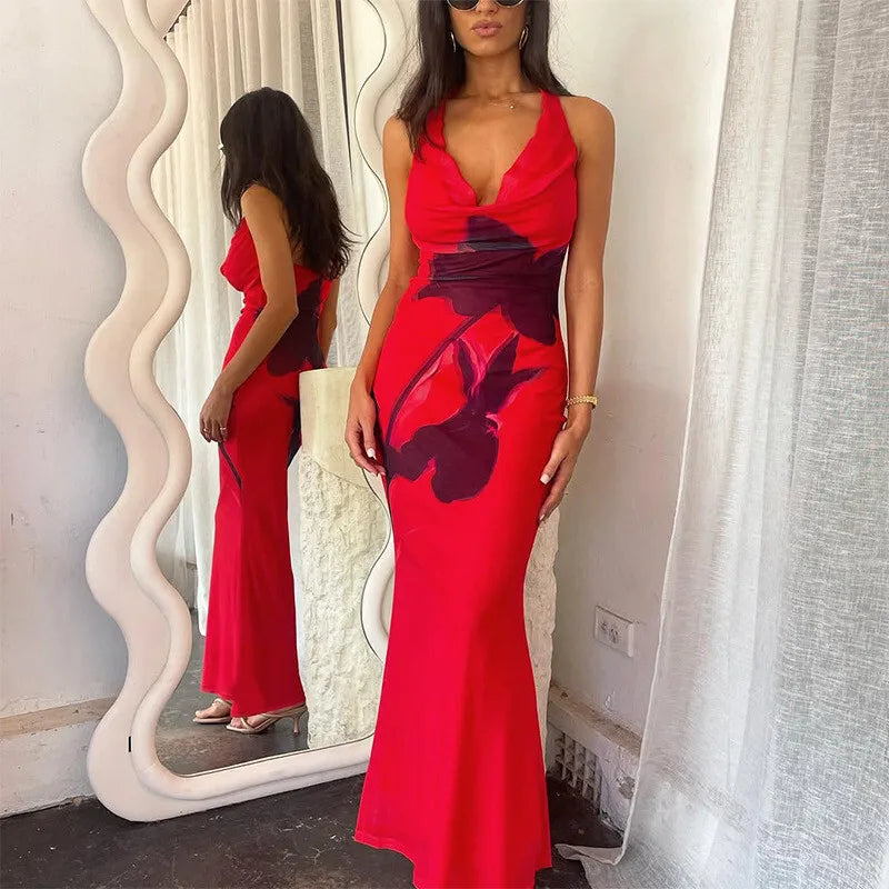Halter Deep V Neck Printed Maxi Dress For Women Gown Red Off-shoulder Sleeveless Backless Fashion Bodycon Long Dress