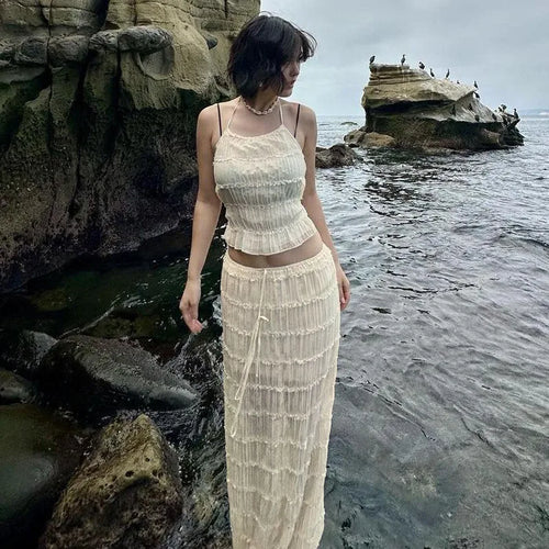 Load image into Gallery viewer, Chiffon Lace Sexy Skirt Two Piece Sets Women Halter Crop Tops And Maxi Skirt Ladies Fashion Woman Long Dress Set
