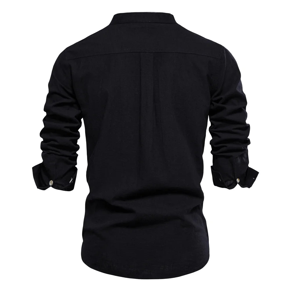 100% Cotton Embroidery Stand Collar Men's Shirts Solid Color Long Sleeve Shirts for Men New Spring Fashion Shirts Men