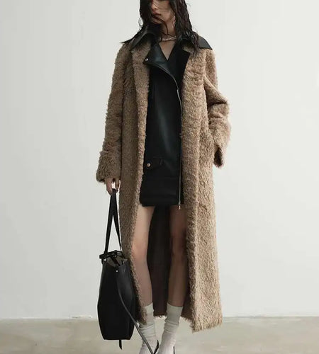 30% Wool Pu Leather Big Size Long Woolen Coat New Lapel Long Sleeve Women Jacket Fashion Tide Autumn Winter 2025 1DH7519