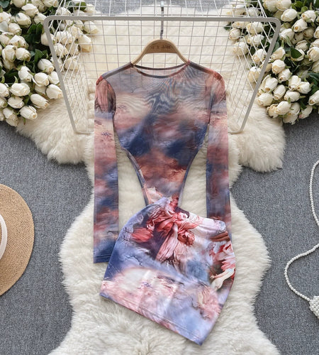 Fashion Hotsweet Two Pieces Suits O Neck Long Sleeved Transparent BodySuit Top+ Skinny Mini Skirt Tie Dye Print Sets