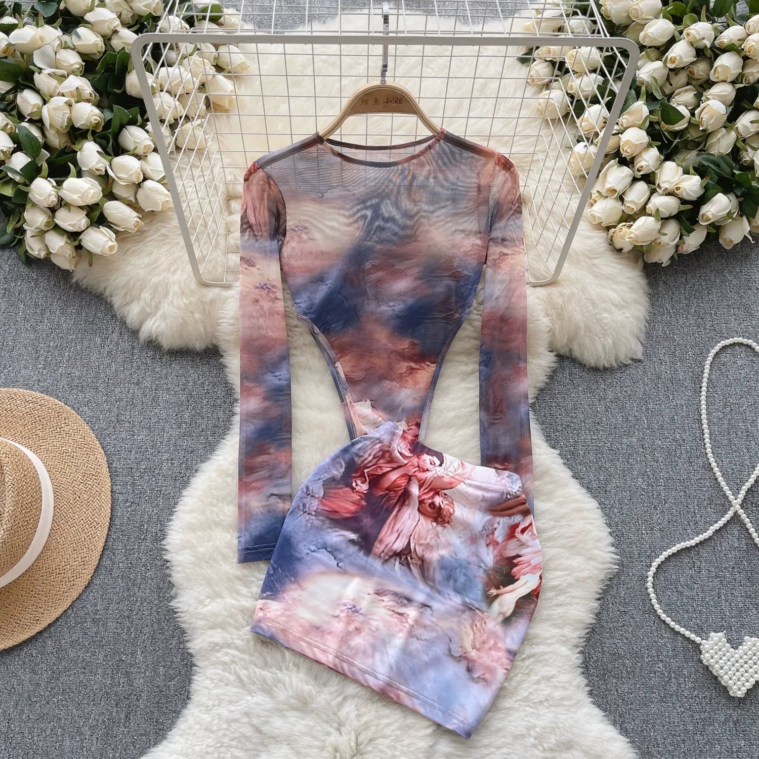 Fashion Hotsweet Two Pieces Suits O Neck Long Sleeved Transparent BodySuit Top+ Skinny Mini Skirt Tie Dye Print Sets