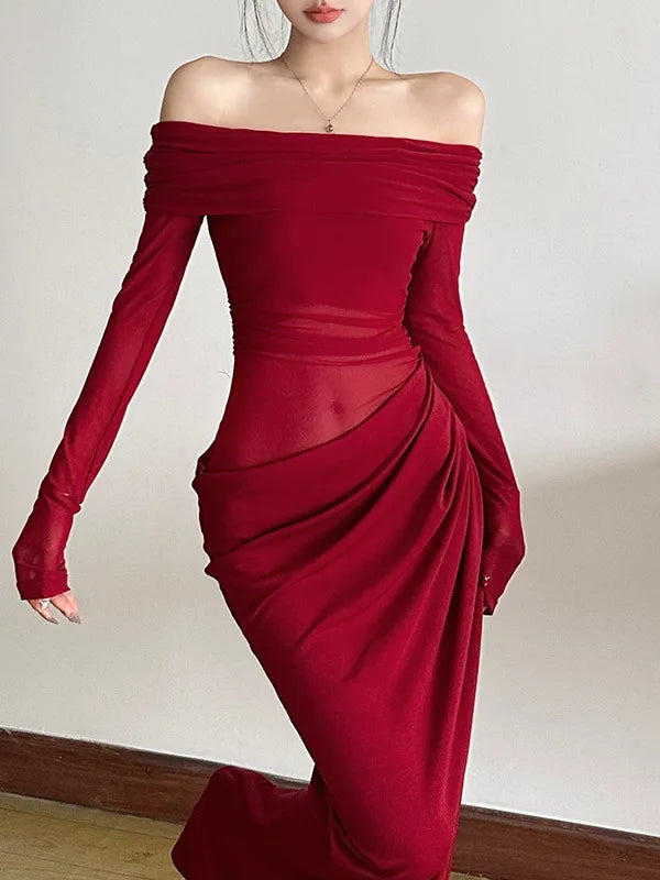 Elegant Mesh Patchwork One Shoulder Dress For Women 2025 New Women Sexy Mesh Perspective Long Dress Party Evening Dress