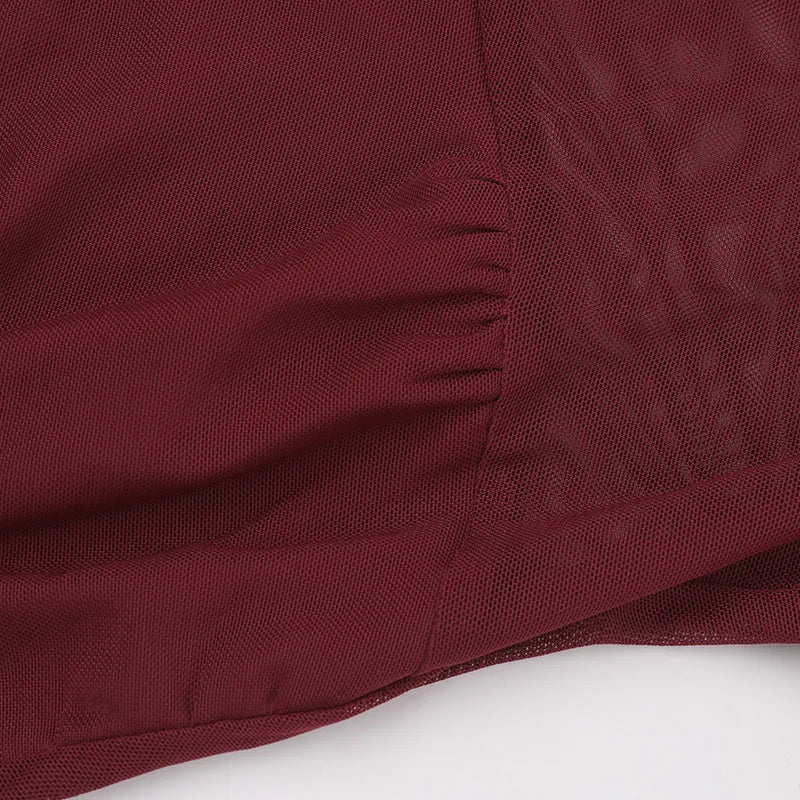 See Through Mesh Sexy Maxi Dress For Women Fashion Square Collar Long Sleeve Ruched Bodycon Club Party Long Dress