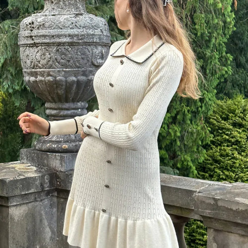 Load image into Gallery viewer, Autumn Long Sleeve Knit Dress For Women Fashion Lapel Single-btrasted Button High Waist Ruffled Mini Dress Knitwear
