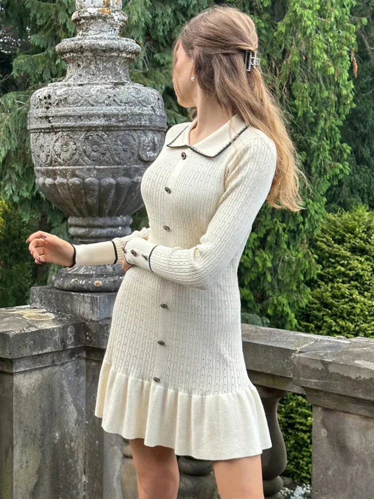 Autumn Long Sleeve Knit Dress For Women Fashion Lapel Single-btrasted Button High Waist Ruffled Mini Dress Knitwear