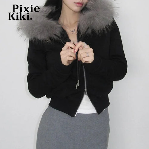 Load image into Gallery viewer, Womens Fleece Jacket with Fur Hood Double-ended Zipper Cropped Cardigan Y2k Fall Winter New in Outwears P84-DI40
