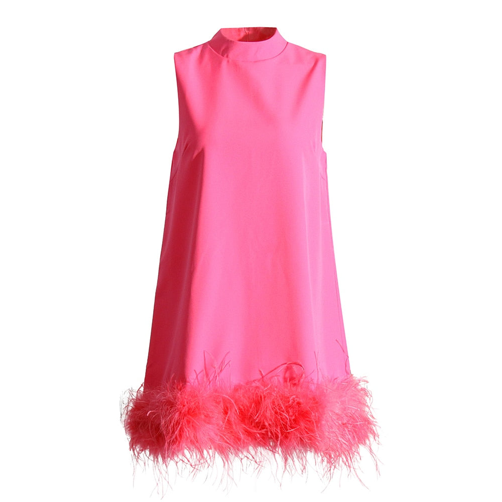 Feather Fur Dress For Women O Neck Sleeveless Loose Tassel A Line Dresses Female Streetwear Summer Fashion