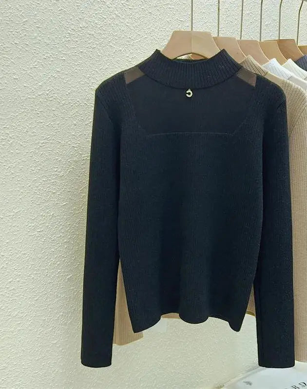 Autumn Winter Women Solid Mesh Velvet Sweater Korean Fashion Warm Round Collar Knitwear Long Sleeve Pullovers Tops Thick Popular