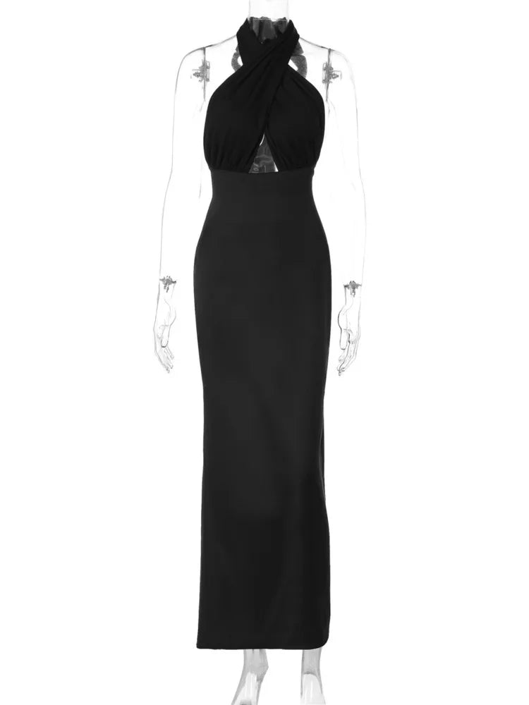 Elegant  Hanging Collar Hollow Out Slim Party Club Evening Dress Women Summer 2025New Sexy Backless Slit Strapless Dress