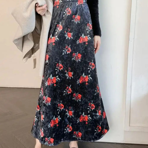 Load image into Gallery viewer, Retro Brown Floral Elegant Party Long Skirt Black Print Elastic High Waist Velvet Skirts Autumn Winter All-match Fashion Women
