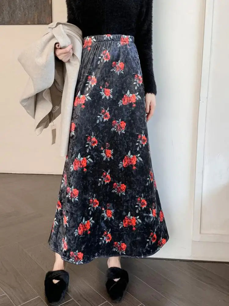 Retro Brown Floral Elegant Party Long Skirt Black Print Elastic High Waist Velvet Skirts Autumn Winter All-match Fashion Women