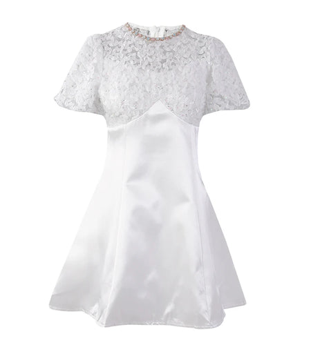 Women White Lace Rhinestones Elegant Slim Mini Dress New Round Neck Short Sleeve Fashion Tide Spring Summer 2025 CPG2980