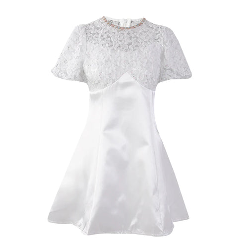Load image into Gallery viewer, Women White Lace Rhinestones Elegant Slim Mini Dress New Round Neck Short Sleeve Fashion Tide Spring Summer 2025 CPG2980
