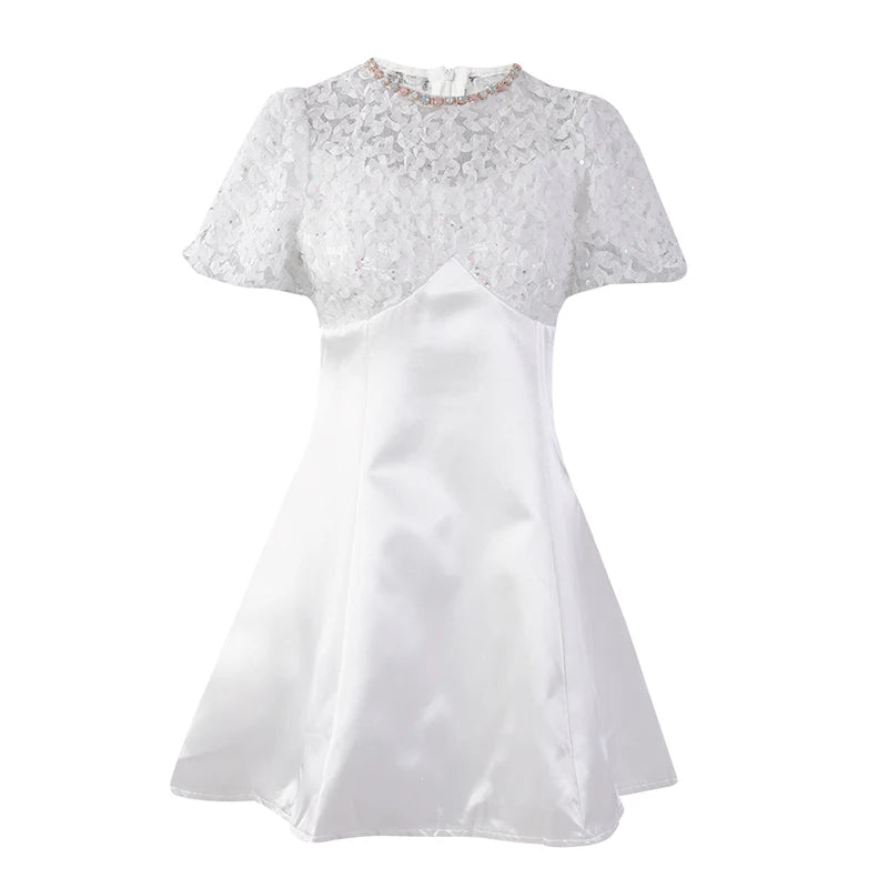 Women White Lace Rhinestones Elegant Slim Mini Dress New Round Neck Short Sleeve Fashion Tide Spring Summer 2025 CPG2980