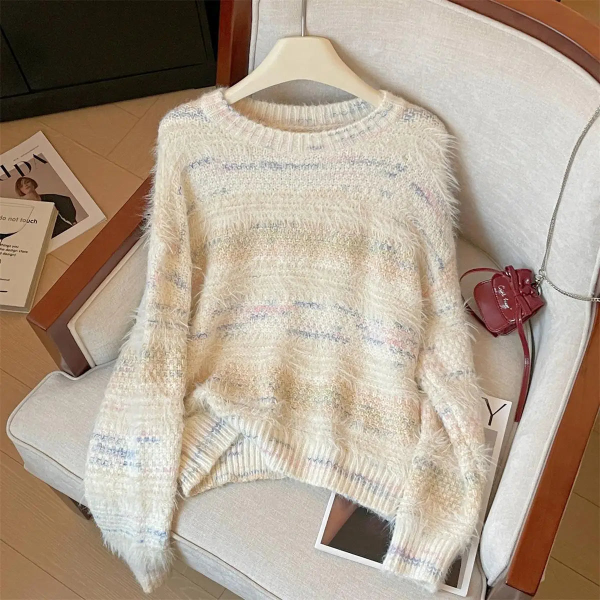 French Retro Fashion Women's Sweet Rainbow Round Neck Long Sleeve Knit Sweater Autumn Winter Vacation Short Pullover Tops Trendy