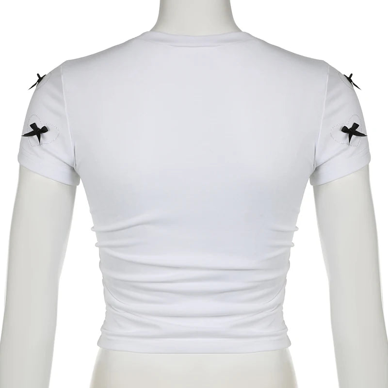 Hotsweet Bow White Bodycon Tee Shirts Women Heart Coquette Cutecore Folds Summer Crop Top Girls Korean Clothing Short