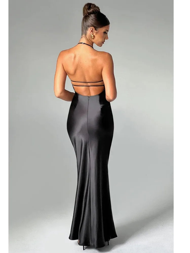 Sexy Sleeveless Backless Slim Fitting Dress For Women Elegant Party Evening Long Dress Satin Temperament Female Vestidos