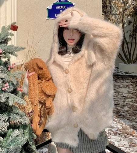 Harajuku Kawaii Fluffy Coat Y2k Aesthetic Fairy Grunge Jacket Warm Outwear Oversized Rabbit's Ears Hooded Cute Apricot Jackets
