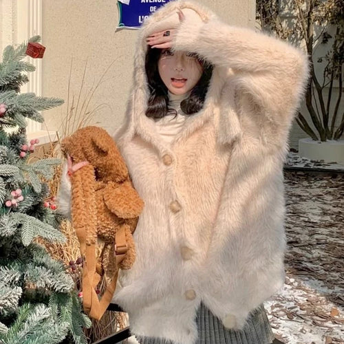Load image into Gallery viewer, Harajuku Kawaii Fluffy Coat Y2k Aesthetic Fairy Grunge Jacket Warm Outwear Oversized Rabbit&#39;s Ears Hooded Cute Apricot Jackets
