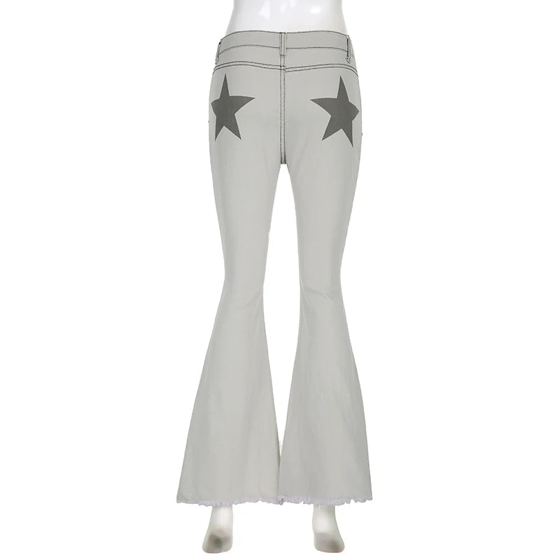 Harajuku Star Printed Skinny Flare Jeans Denim Vintage Korean Slim Stitching Female Pants Burr Bodycon Trousers Chic