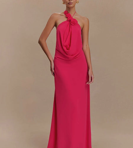 Rose Halter Off-shoulder Sexy Maxi Dress Women Rose Red Sleeveless Backless Lace-up High Waist Club Party Long Dress