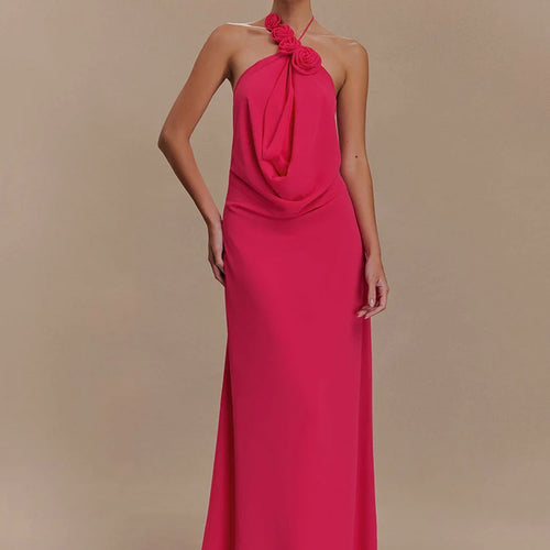 Load image into Gallery viewer, Rose Halter Off-shoulder Sexy Maxi Dress Women Rose Red Sleeveless Backless Lace-up High Waist Club Party Long Dress
