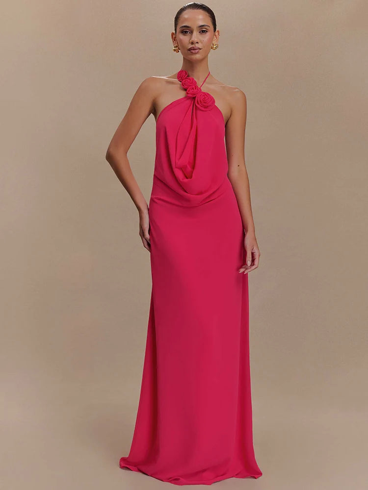 Rose Halter Off-shoulder Sexy Maxi Dress Women Rose Red Sleeveless Backless Lace-up High Waist Club Party Long Dress