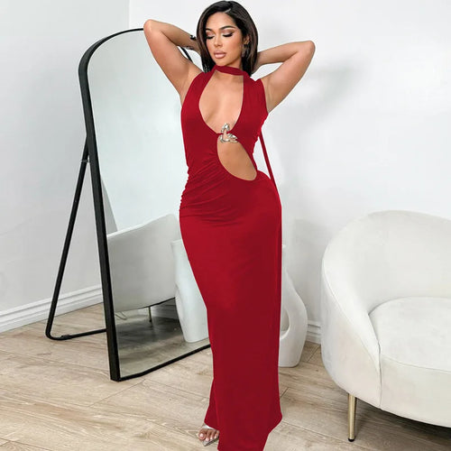 Load image into Gallery viewer, Hollow Out Halter Sexy Maxi Dress Women Summer New Metal Decoration Sleeveless Slim High Waist Long Dress Elegant
