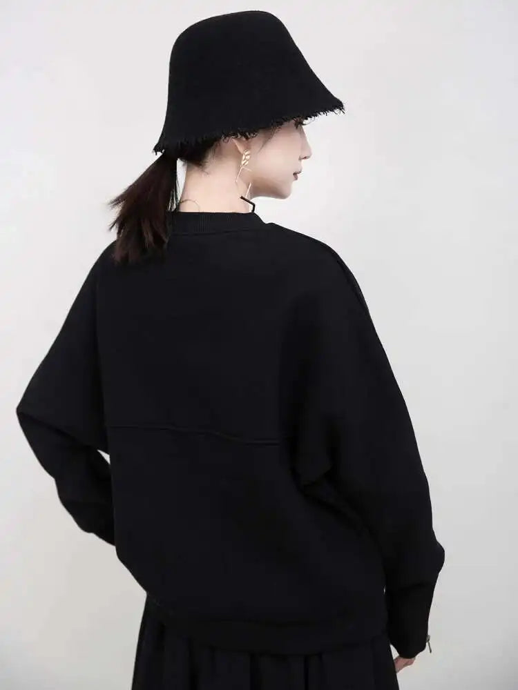 Loose Fit White Cuff Zipper Sweatshirt New Round Neck Long Sleeve Women Big Size Fashion Spring Autumn 2025 1DD5133