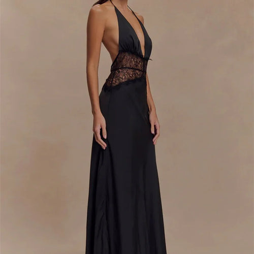 Load image into Gallery viewer, Summer Backless Sexy Maxi Dress Women Gown Patchwork Lace Halter Deep V Neck Sleeveless High Waist Elegant Long Dress
