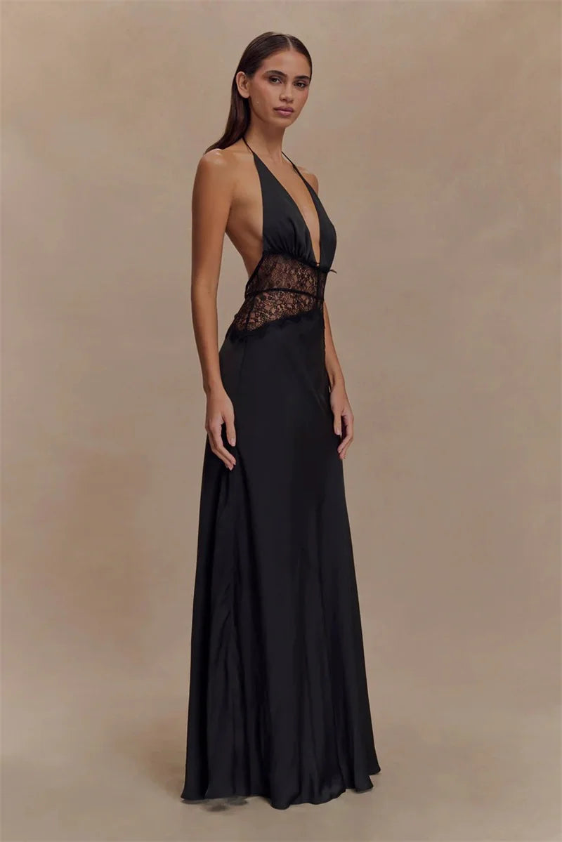 Summer Backless Sexy Maxi Dress Women Gown Patchwork Lace Halter Deep V Neck Sleeveless High Waist Elegant Long Dress