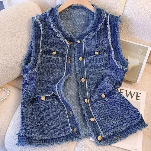 Load image into Gallery viewer, Spring Autumn Blue Plaid Denim Women&#39;s Vest with Tassel Elegant Fashion Women Single Breasted Flow Sleeveless Tank Top Coat
