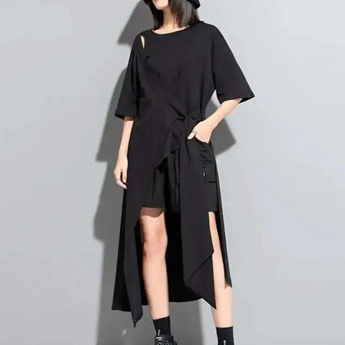 Load image into Gallery viewer, Women White Irregular Hem Big Size Long T-shirt New Round Neck Short Sleeve Fashion Tide Spring Summer 2025 1DF8717
