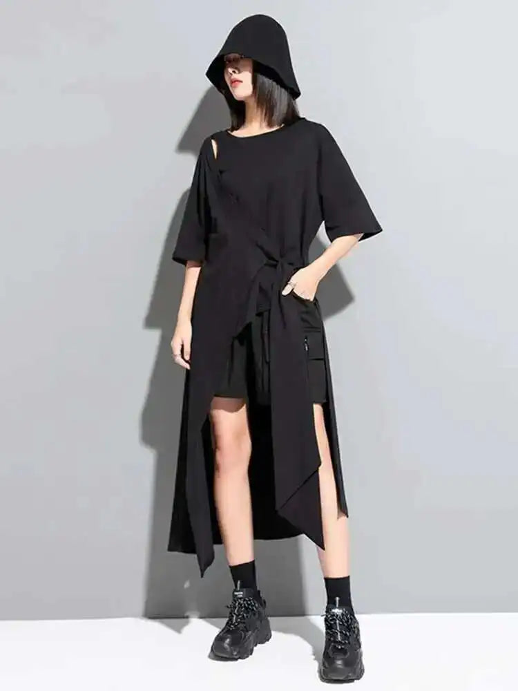 Women White Irregular Hem Big Size Long T-shirt New Round Neck Short Sleeve Fashion Tide Spring Summer 2025 1DF8717