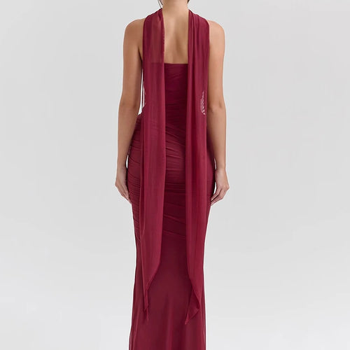 Load image into Gallery viewer, Wine Red Sexy Two Piece Sets Women Neckerchief Strapless Crop Tops And Maxi Skirt Sets Club Party Skirt Two Piece Sets
