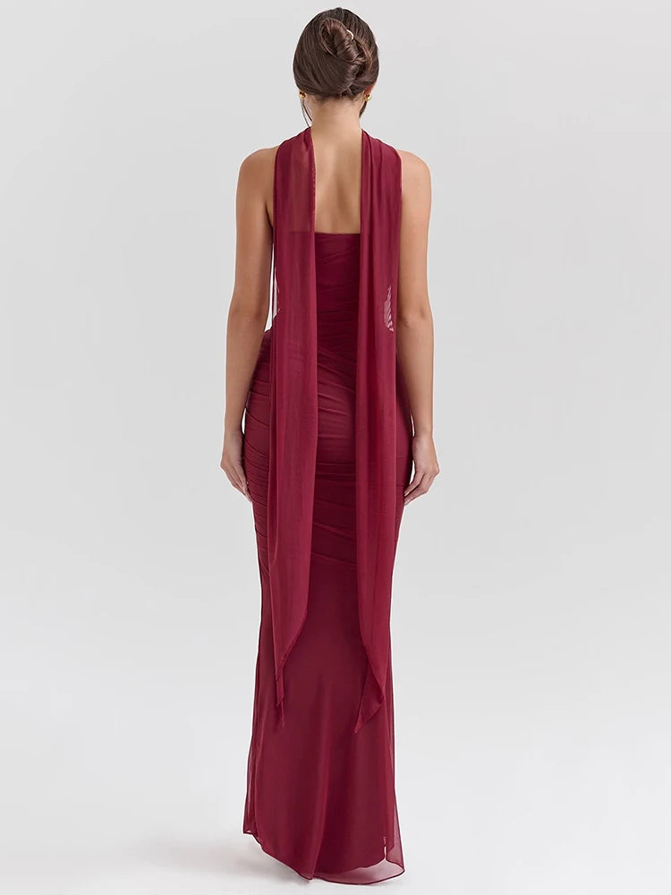 Wine Red Sexy Two Piece Sets Women Neckerchief Strapless Crop Tops And Maxi Skirt Sets Club Party Skirt Two Piece Sets