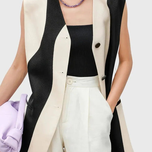 Load image into Gallery viewer, Colorblock Casual Loose Vests For Women V Neck Sleeveless Patchwork Button Minimalist Vest Female Fashion Clothing
