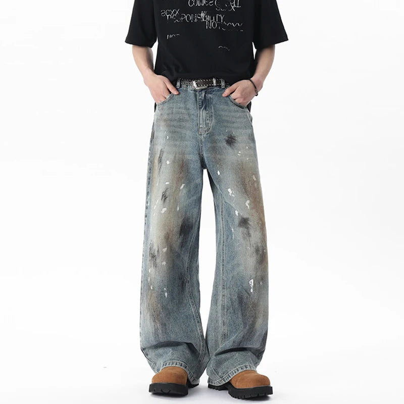 Men's Jeasn New American Style Soil Splashed Ink Spot Decoration Straight Leg Trendy Male Distressed Trousers 9W1804