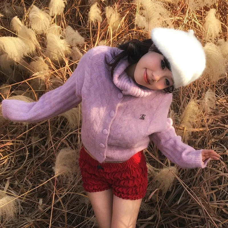 Japanese Y2k Turtleneck Cardigans Vintage Korean Style Knitted Sweater 2000s Aesthetics Pink Winter Knitwear Harajuku