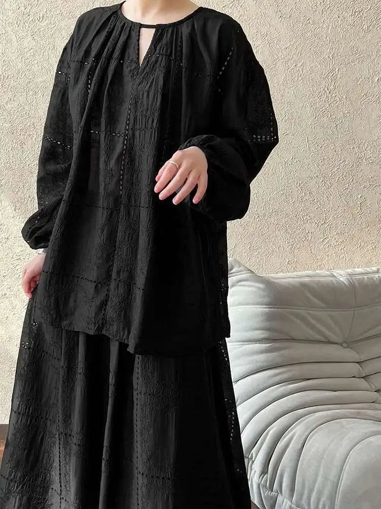 Lace Big Size Shirt Half-body Skirt Two Pieces Suit New Round Neck Long Sleeve Women Fashion Spring Autumn 2025 1DJ0062