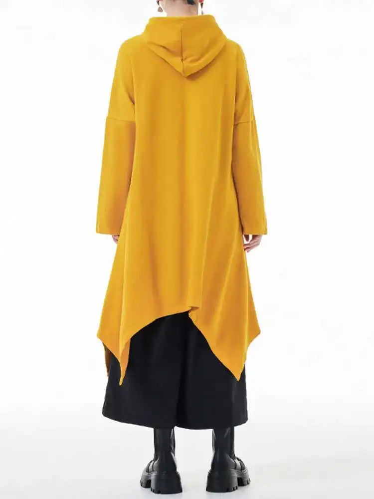 Yellow Irregular Midi Sweatshirt New Hooded Drawstring Long Sleeve Women Big Size Fashion Tide Spring Autumn 2025 1DH3876