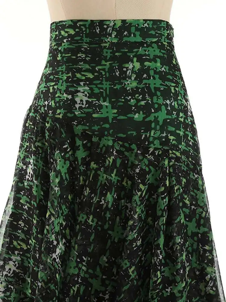 High Waist Green Print Zipper Irregular Mesh Holiday Half-body Skirt Women Fashion Tide New Spring Summer 2025 1DF6554