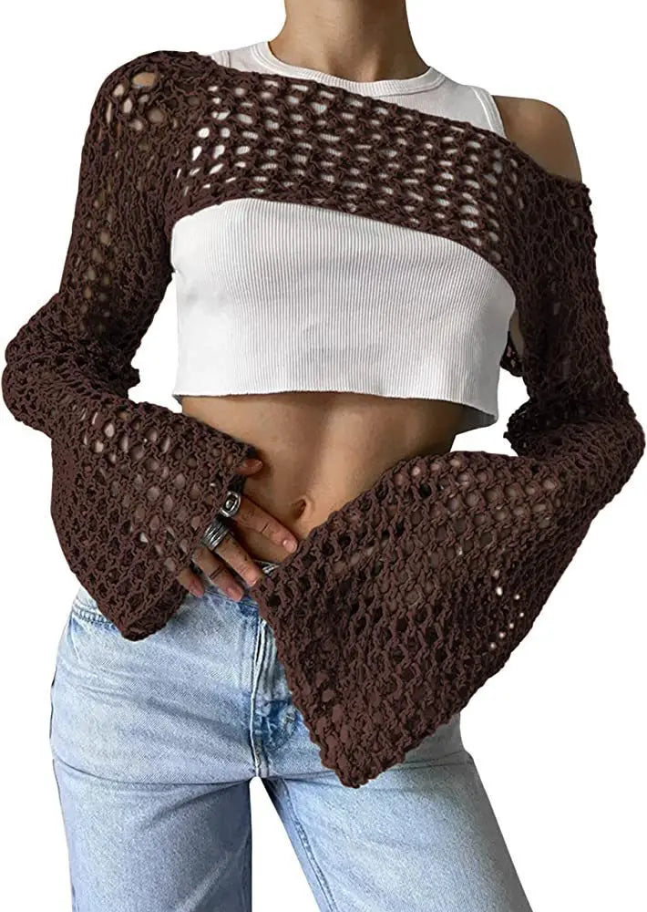New Harajuku Grunge Solid Slash Neck Women Crop Pullovers Y2k Aesthetic Knitted Sexy Sweaters Streetwear Hollow Out Autumn Tops