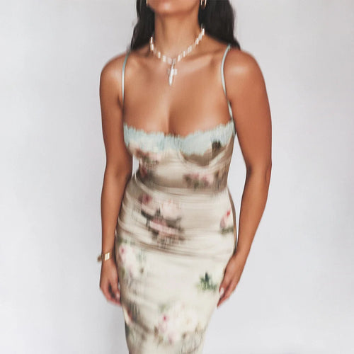 Load image into Gallery viewer, Spaghetti Strap Lace Print Midi Dress For Women Robe Strapless Backless High Waist Bodycon Club Party Long Dress
